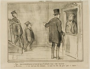 "- Mutta sanoit minulle, että lapset eivät saa olla tässä talossa...". - Herra, nämä eivät ole lapsia... he ovat omistajan poikia!...", laatta 23 teoksesta Croquis Parisiens, - par Daumier. tekijältä Honoré Victorin Daumier