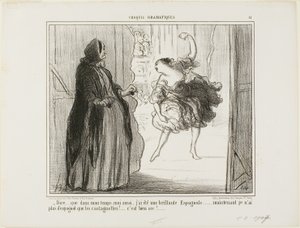 "- Vaikea kuvitella, että olin aikoinaan myös ylistetty espanjalainen tanssija... nykyään vain kastanjani ovat espanjalaisia... miten tylsää...", levy 11 Croquis Dramatiques -teoksesta. tekijältä Honoré Victorin Daumier