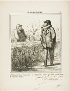 "- Hei, naapuri, oletko samanlainen kuin minä Alan uskoa, että meidän kannattaisi palata Pariisiin.", levy 1 teoksesta La Campagne En Hiver.