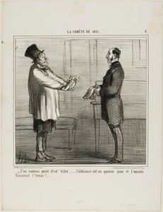 "- En halua luottojasi... niiden viimeinen voimassaolopäivä on kesäkuun 15. päivä, ja maailman pitäisi loppua 13. päivä", levy 2 teoksesta La Cométe De 1857. tekijältä Honoré Victorin Daumier
