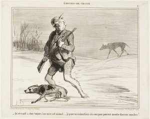 "- Ihmettelen, miksi tämä peto seuraa minua koko ajan... Maksan mielelläni 6 sousta hyppäämällä bussiin," levy 1 Émotions De Chasse -teoksesta. tekijältä Honoré Victorin Daumier