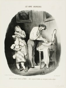 "- Eikö hän olekin söpö, Dodore... kun häntä vähän siivotaan, hän ei ole enää sama lapsi!...", lautanen 37, Les Bons Bourgeois -lehti tekijältä Honoré Victorin Daumier