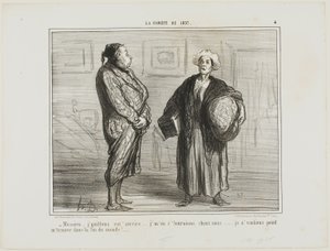 "- Monsieur, minä eroan palveluksestanne, menen kotiin... En halua olla täällä, kun maailmanloppu koittaa." Laatta 4 teoksesta La Cométe De 1857. tekijältä Honoré Victorin Daumier