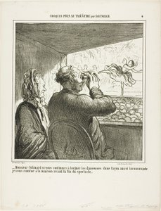 "- Herra Colimard, jos ette heti lopeta tanssijoiden tuijottamista niin sopimattomalla tavalla, vien teidät kotiin ennen esityksen loppua!", laatta 4 teoksesta Croquis Pris Au Théatre par Daumier. tekijältä Honoré Victorin Daumier