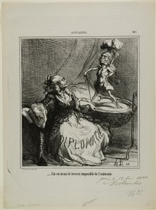 "- Vaikka kuinka keinuttaisin häntä, häntä on mahdotonta saada nukahtamaan", levy 105 Actualitésin sivuilta tekijältä Honoré Victorin Daumier