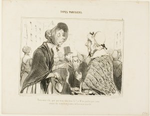 "- Ai, siinähän sinä olet..... mitä sinulla on siellä..... - Ei puhuta siitä.... meille tulee vieraita, ja minä kävin juuri ostoksilla", lautasella 6 Types Parisiens -teoksesta. tekijältä Honoré Victorin Daumier