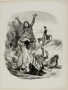 "- Voi luoja, äiti, äiti!" ........ Taivaan tähden..... tyttäreni, tyttäreni!!!!", levy 26 Pastoralesista. tekijältä Honoré Victorin Daumier