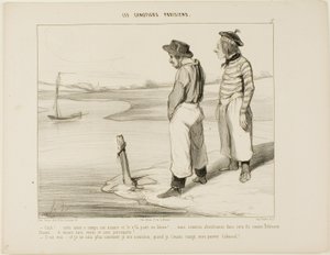 "- Veneemme irrotti ankkurin ja ajautui pois.... olemme jumissa yksinäisellä saarella kuin Robinson Crusoe... ilman mitään syötävää ja ilman papukaijaa...". - Se on totta.... enkä todellakaan tiedä mitä syödä, kunhan olen syönyt sinut, Cabassol-parka!"," tekijältä Honoré Victorin Daumier