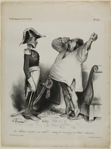 "- Sire! Lissabon on vallattu. - Aaaah!!.... ja minä uneksin, että olin taistellut rohkeasti!", levy 304 tekijältä Honoré Victorin Daumier