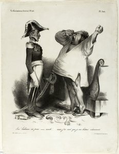 "- Sire! Lissabon on vallattu. - Aaaah!!.... ja minä uneksin, että olin taistellut rohkeasti!", levy 304 tekijältä Honoré Victorin Daumier
