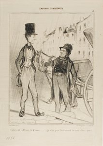 "- Taksi Monsieur Taksi - Minulla ei ole tarpeeksi rahaa edes kävellä," levy 8 teoksesta Émotions De Parisiens. tekijältä Honoré Victorin Daumier