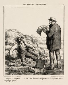 "- No, oletko vihdoinkin valmis... onhan se väsyttävää rentoutua niin kauan", levy 1 elokuvasta Les Artistes A La Campagne. tekijältä Honoré Victorin Daumier