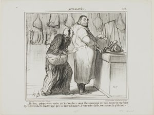 "- No, jos haluatte vapauttaa teurastajien kaupan, miksi vastustatte sitä, että punnitsen muutaman luun lihan kanssa... olette todella outo, sama kuin aina!", Actualités-julkaisun levy 472. tekijältä Honoré Victorin Daumier