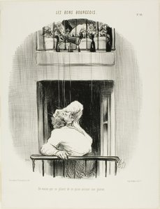 Naapuri valittaa nurmikkonsa kastelemisesta, levy kymmenen teoksesta Les Bons Bourgeois (suomennos) tekijältä Honoré Victorin Daumier