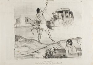 Käytännön vitsi. "Kuljettaja! Kuljettaja! Onko teillä vielä kaksi paikkaa jänisosastolla", levy 24 elokuvasta Les Baigneurs. tekijältä Honoré Victorin Daumier