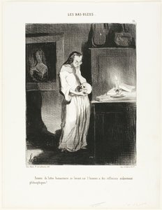 Humanistinen kirjailijanainen antautumassa aivofilosofisiin pohdintoihin ihmisestä!", levy 15 teoksesta Les Bas-Bleus. tekijältä Honoré Victorin Daumier
