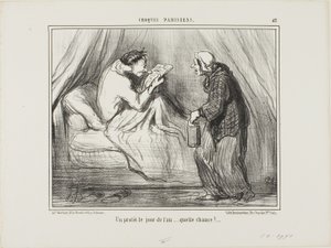 "Mielenosoitus uudenvuodenpäivänä! Mikä onni! ...........", laatta 42 Croquis Parisiens -teoksesta. tekijältä Honoré Victorin Daumier