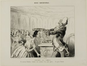 Naisten akatemia. Uusi Richelieu, joka perusti uuden, toisenlaisen akatemian.... naissukupuolta edustavan akatemian, levy 33 Revue Caricatureale -lehdestä. tekijältä Honoré Victorin Daumier