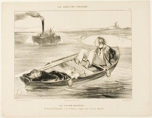 Epämiellyttävä kohtaaminen. "Bernardel, Bernardel! Täältä tulee höyrylaiva... me uppoamme!", levy 16 teoksesta Les Canotiers Parisiens. tekijältä Honoré Victorin Daumier