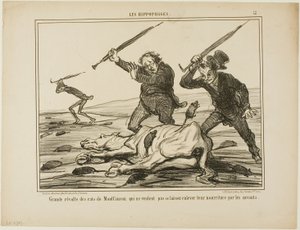 Montfauconin rottien suuri kapina, jotka eivät halua, että tiedemiehet vievät heidän ruokansa, levy 12 teoksesta Les Hippophages. tekijältä Honoré Victorin Daumier