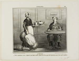 Yrttitee. "- Olkaa hyvä, herra, ajattelin tuoda mukanani koko heinäpakkauksen, jotta voitte itse päättää teenne vahvuudesta", levy 416 Actualitésista. tekijältä Honoré Victorin Daumier