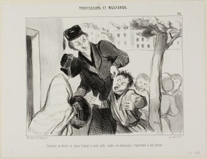 Kuinka saada nuori mies vihdoin oppimaan kunnioittamaan vanhempiaan, levy 26 teoksesta Professeurs et Moutards (Professorit ja veijarit). tekijältä Honoré Victorin Daumier