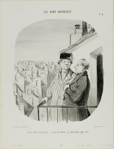 "Asun hieman korkealla... mutta ainakin nautin kauniista näköaloista", levy 8, Les Bons Bourgeois -teoksesta. tekijältä Honoré Victorin Daumier