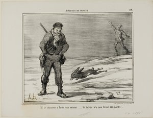 Jos metsästäjällä on kylmät kädet... jäniksellä ei ole kylmiä jalkoja, levy 22 teoksesta Émotions De Chasse tekijältä Honoré Victorin Daumier