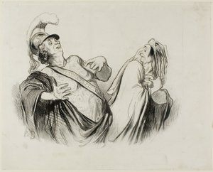 Merope. "Minun kokoiseni sotilas pystyy varsin hyvin johtamaan valtiota, jota kerran puolustettiin niin hauskasti", laatta 2 Physionomies Tragiques -teoksesta (recto); Provost. (dans le Puff - Thtre Français) "Le Puff, est l
