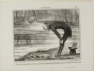 Coste huomaa, että kalat, jotka hän on ottanut vedestä analysoidakseen niiden terveydentilaa, eivät lopulta voi lainkaan hyvin, Actualités-lehti 387. tekijältä Honoré Victorin Daumier