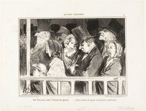 Pariisilaiset odottavat hauskanpitoa. Kaksi tuntia jonossa minkä tahansa teatterin edessä kaupungissa, levy 1 Les Bons Parisiensista tekijältä Honoré Victorin Daumier