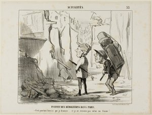 Rakennusten purkamisen tulos Pariisissa. "- Täällähän minä asuin.... enkä löydä enää edes vaimoani", levy 55 Actualitésista. tekijältä Honoré Victorin Daumier