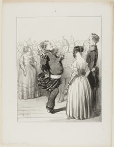 Rifolard avaa pallon ja tekee rohkean tanssiaskeleen eteenpäin, joka saa laajaa kiitosta, levy 5 Les Banqueteurs -lehdeltä. tekijältä Honoré Victorin Daumier
