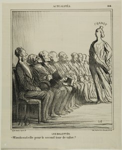 Vaalien järjestäminen. "- Kutsuuko hän minut toiselle valssille", levy 114 Actualitésista. tekijältä Honoré Victorin Daumier