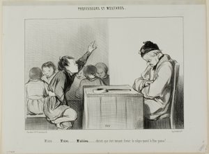 "Herra... Herra... Siiiirrrr... Kristus, on ärsyttävää saada koliikki, kun valvoja valvoo", levy 13 teoksesta Professeurs Et Moutards. tekijältä Honoré Victorin Daumier