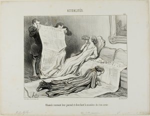 Tilaajat pyrkivät selviytymään paperinsa kanssa, levy 115 alkaen Actualités-lehdestä tekijältä Honoré Victorin Daumier