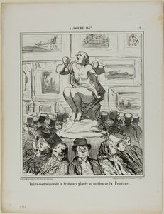 Keskelle maalausten näyttelyä sijoitetun veistoksen tyytymättömyys, levy 5 Salon De 1857 -näyttelystä. tekijältä Honoré Victorin Daumier