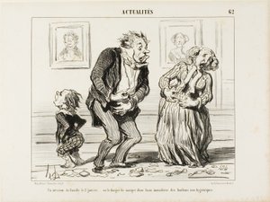 Perheen sisätilat tammikuun 2. päivänä - tai kohtuuttoman epähygieenisten makeisten nauttimisen vaara, levy 62 Actualités-julkaisusta. tekijältä Honoré Victorin Daumier
