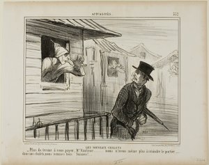 Uudet korttelitalot. "- Ei enää vuokraa maksettavaksi, Monsieur Vautour... emmekä enää pelkää talonmiestä..... mökissämme olemme kaikki sveitsiläisiä," plate 332 from Actualités tekijältä Honoré Victorin Daumier