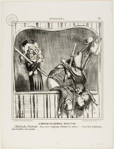Uusi napolilainen pelle. "- Polichinelle, Polichinelle, olet mätkinyt muita tarpeeksi kauan... nyt on sinun vuorosi. Saamme sinut järkiinsä...", levy 221 Actualitésista. tekijältä Honoré Victorin Daumier