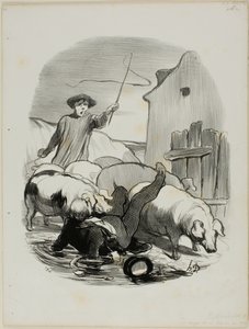 Vaara jäädä kiinni jyrkänteen takaa-ajosta, levy 12 Pastoralesista. tekijältä Honoré Victorin Daumier