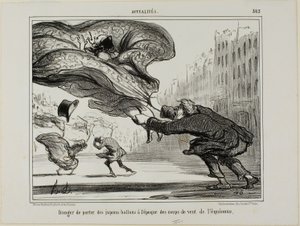 Rengashameiden käytön vaara äkillisen kevätmyrskyn aikana, laatta 26 La Crinolomanie -lehdestä. tekijältä Honoré Victorin Daumier