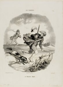 Metsästetty metsästäjä, laatta 4 La Chasse -lehdestä. tekijältä Honoré Victorin Daumier