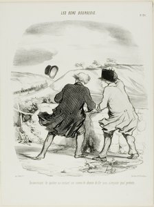 Junasta poistumisen hankaluus, vaikka vain hetkeksi ja millä tahansa tekosyyllä, laatta 29 teoksesta Les Bons Bourgeois. tekijältä Honoré Victorin Daumier