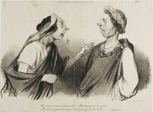 "Sinun kätesi tulee tappamaan veljesi Britannicuksen. Ennustan, että iskusi osuvat pian äitisi kohdalle", levy 7 teoksesta Physionomies Tragico-Classiques. tekijältä Honoré Victorin Daumier