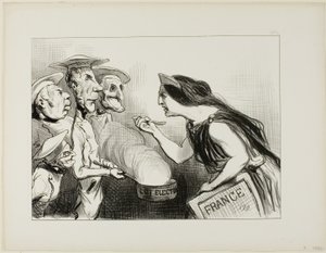 Liian monta kokkia pilaa liemen. "- Tämä todella maistuu huonolta ruoanlaitolta", levy 142 Actualitésista. tekijältä Honoré Victorin Daumier