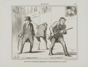 Näkymä Rue Lacépède -kadulta käärmeen metsästyksen aikana, laatta 500, Actualités-julkaisusta. tekijältä Honoré Victorin Daumier