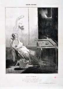 Honore Daumierin (1808-1879) Charivarin taideteos on vuodelta 1842: Serie HISTORIE ANCIE Les Nuits de Penelope "" Hänen suloisesta profiilistaan ​​Ikuisesti hänen suloisilla silmillään loisti kuin tähti Tarkoitus kutoa kolme vuotta ja hänen oveluutensa ja  tekijältä Honoré Daumier