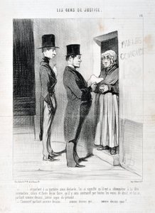 Honore Daumierin (1808-1879) taideteos. Charivari on vuodelta 1845: Serie LES PEANS DE JUSTICE "" -... ja puhuminen hänen ovella niin julisti, on merkinnyt hänelle, että hänen oli toteltava mainittua summaa, muuten ja jos hän ei tee niin, hänet pakotetaan tekijältä Honoré Daumier
