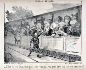 Honore Daumierin (1808-1879) taideteos. Charivari on vuodelta 1852: Serie LES TRAINS DE PLEASURE - Sinun täytyy tehdä tilaa seitsemälle matkustajalle... olet liian mukava hytissäsi! KUUTATAIDEMUSEO - PALACE LONGCHAMP, MARSEILLE tekijältä Honoré Daumier